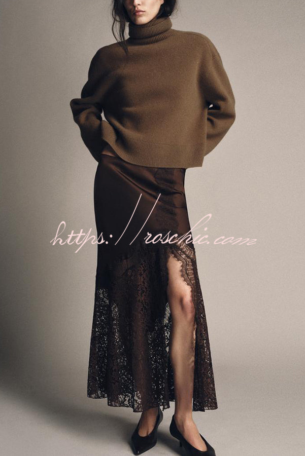 Cozy Sweet Darling Satin Lace Patchwork Mid Rise Slit Maxi Skirt