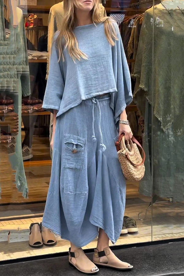 Solid Color Loose Round Neck Top and Elastic Waist Tie Casual Maxi Skirt Set