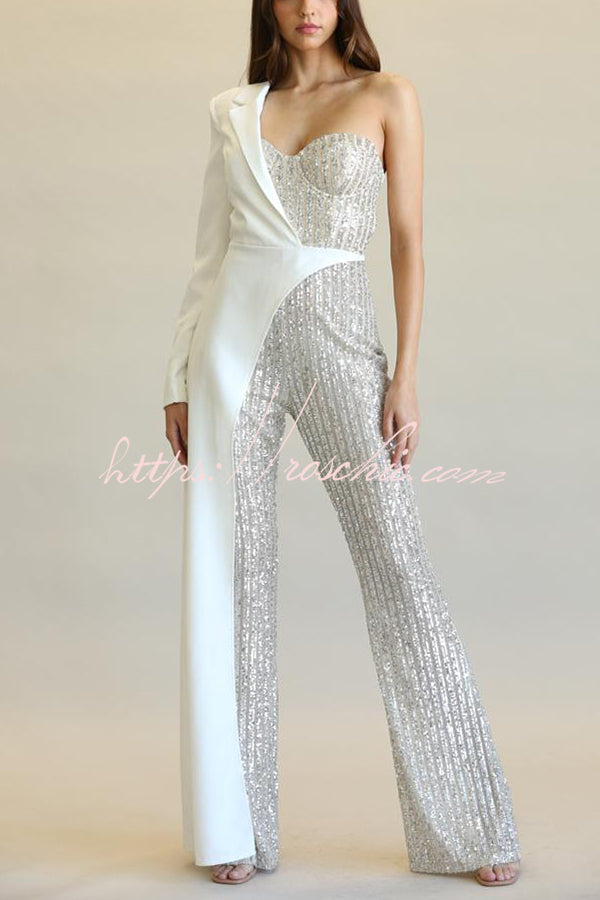 Fashionable Sequined Patchwork One-sided Long-sleeved Asymmetrical Jumpsuit