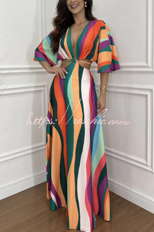 Wilma Unique Print Cutout Elastic Waist Tie-up Kimono Sleeve Maxi Dress