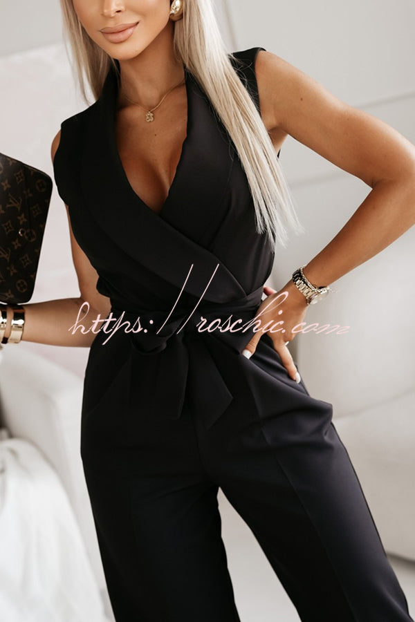 Make Your Entrance Lapel Belt Pocketed Wide Leg Formal Jumpsuit