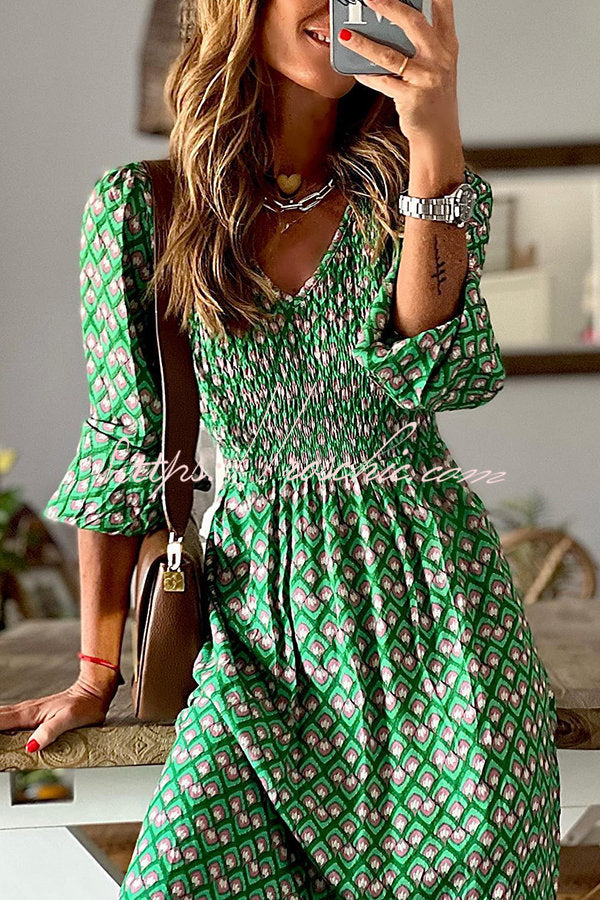 Kennan Ethnic Print Smocked Bust Long Sleeve Relaxed Midi Dress