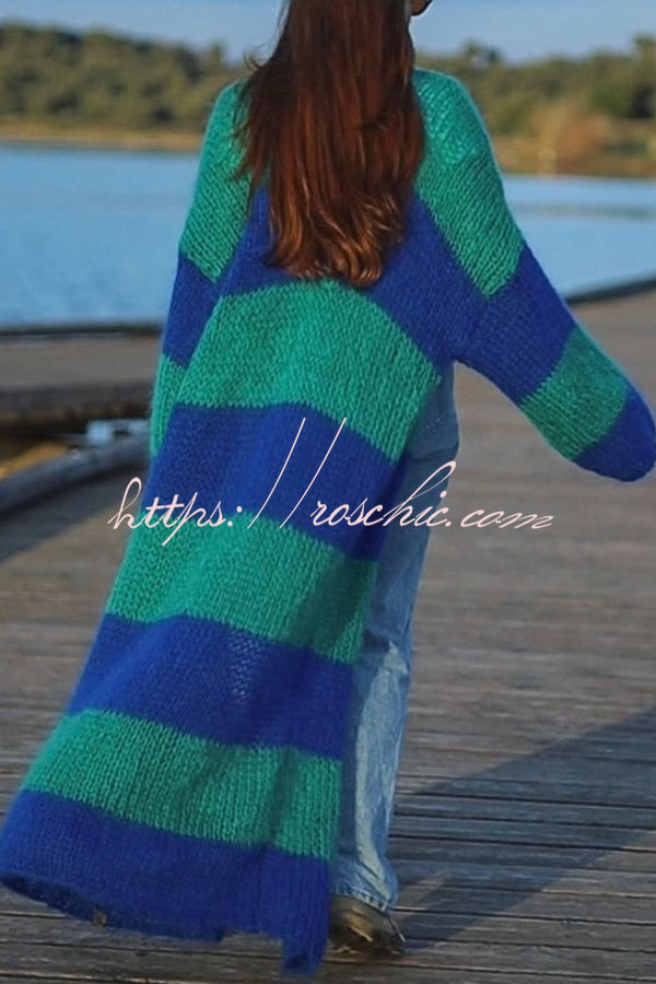 Fashionable Contrast Stripes Lazy Style Loose Long Knitted Cardigan