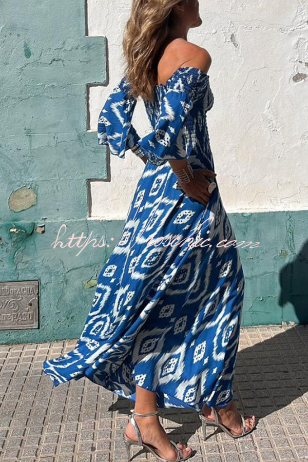 Close To The Vacation Ethnic Print Smocked Off Shoulder Pocketed Maxi Dress