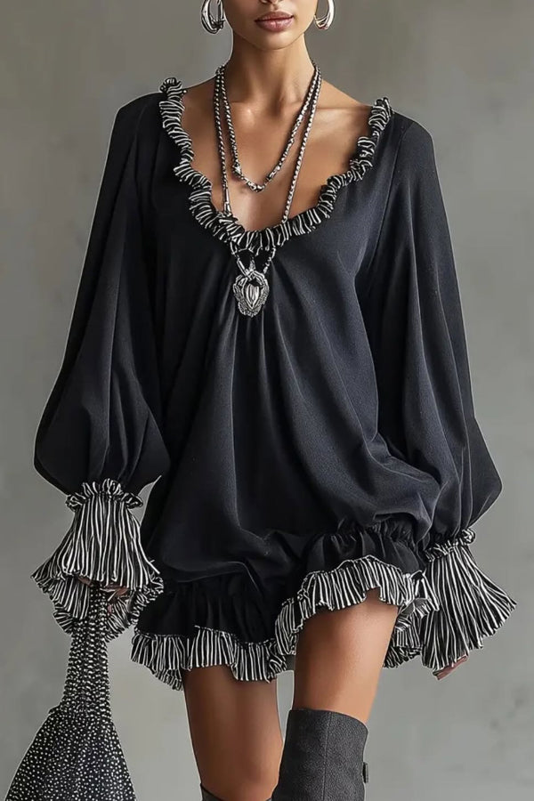 Fashionable Patchwork Ruffled Loose Long-sleeved Casual Mini Dress, Black / 2XL Fashionable Patchwork Ruffled Loose Long-sleeved Casual Mini Dress, Black / 2XL