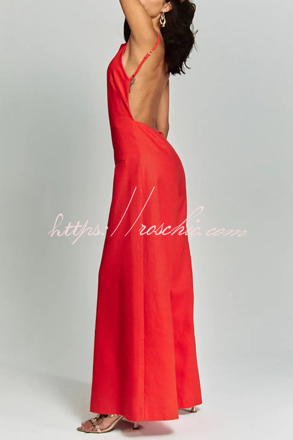 Kelso Linen Blend Square Neck Pocketed Backless Wide Leg Jumpsuit – roschic