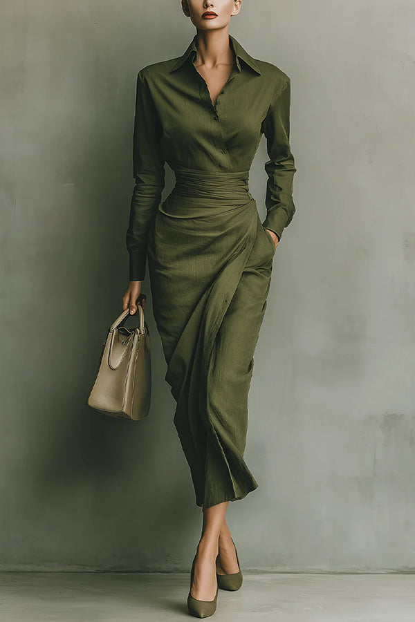 Solid Color Lapel Long Sleeve Pocket Slim-fit Asymmetrical Midi Dress