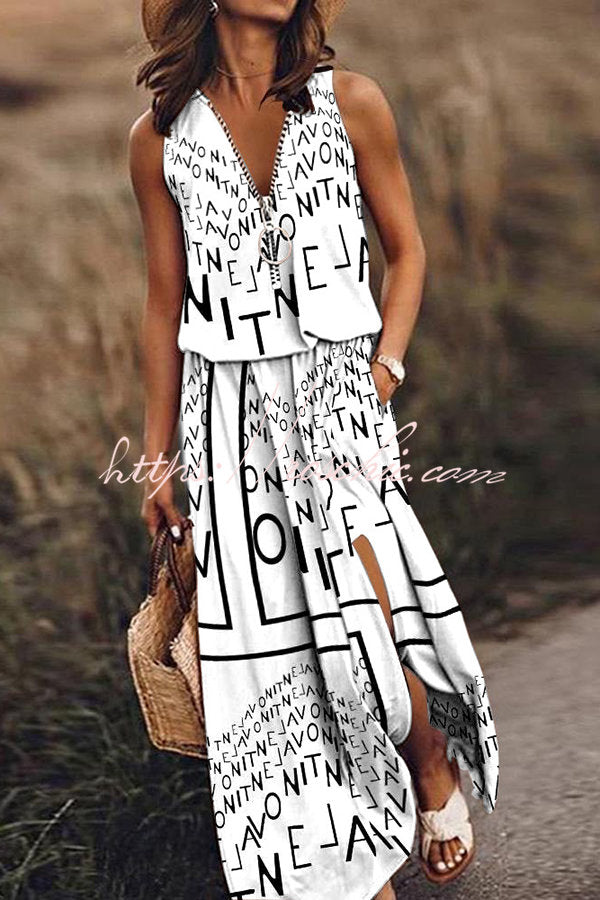 Fashion Modern Letter Print Zipper Neck Daily/Vacation Maxi Dress