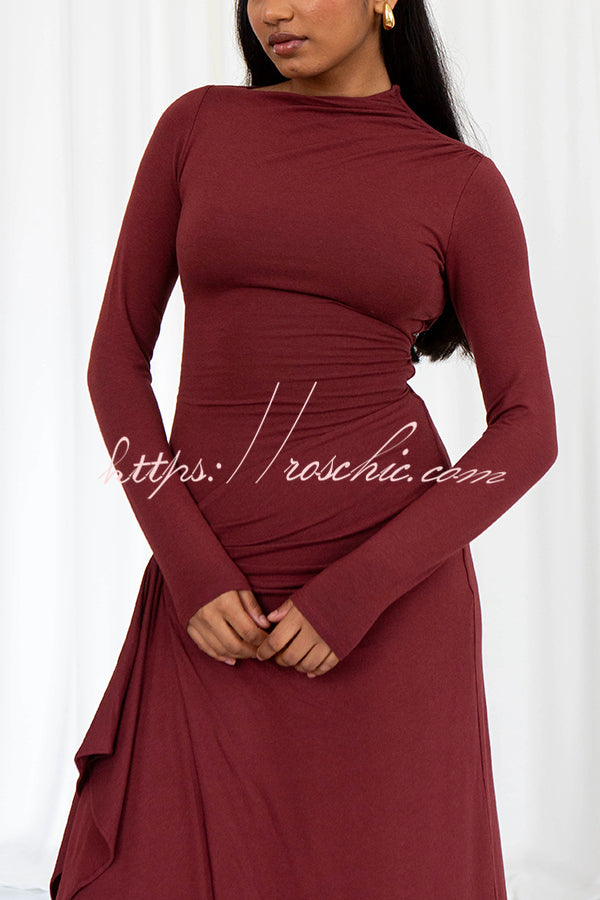 Venus Long Sleeve Ruched Side Slit Drape Ruffles Back Lace-up Stretch Maxi Dress