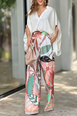 V Neck Bat Sleeve Top and Leaf Print Tie High Rise Wide Leg Pants Suit