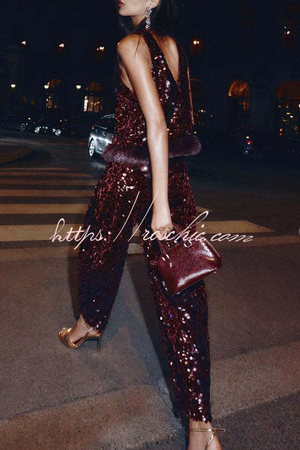 Gala Goddess Sequin High Rise Zipper Waist Wide Leg Pants