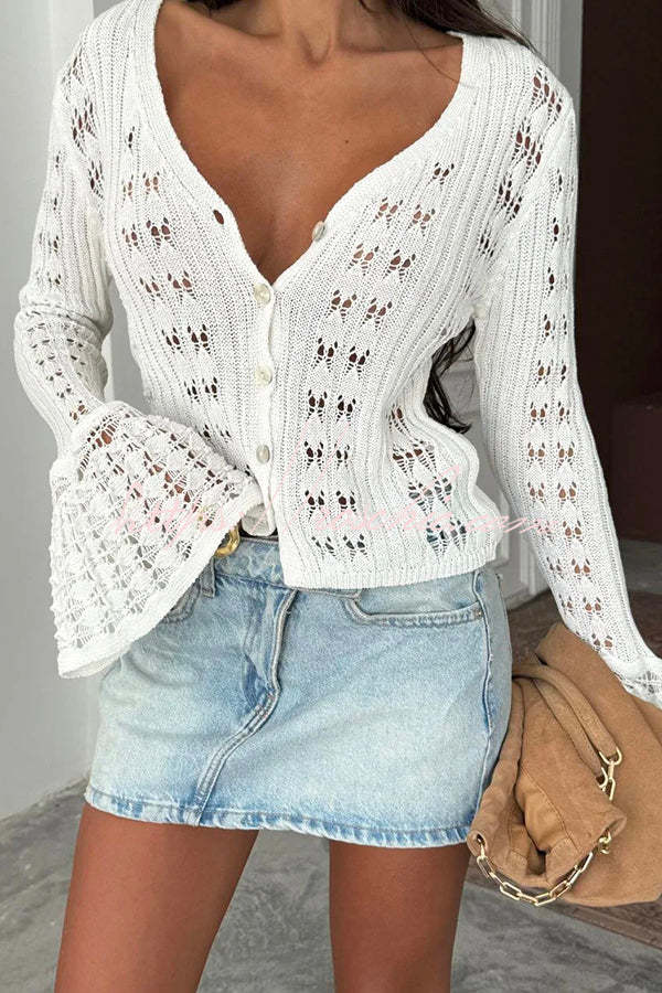 Fashion Hollow Button Long Sleeve V-neck Knitted Cardigan