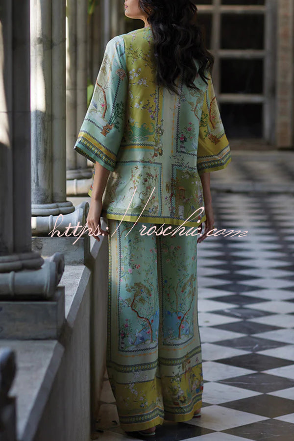 Elonie Satin Floral Print V-neck Half Sleeve Top and Elastic Waist Wide Leg Pants Set