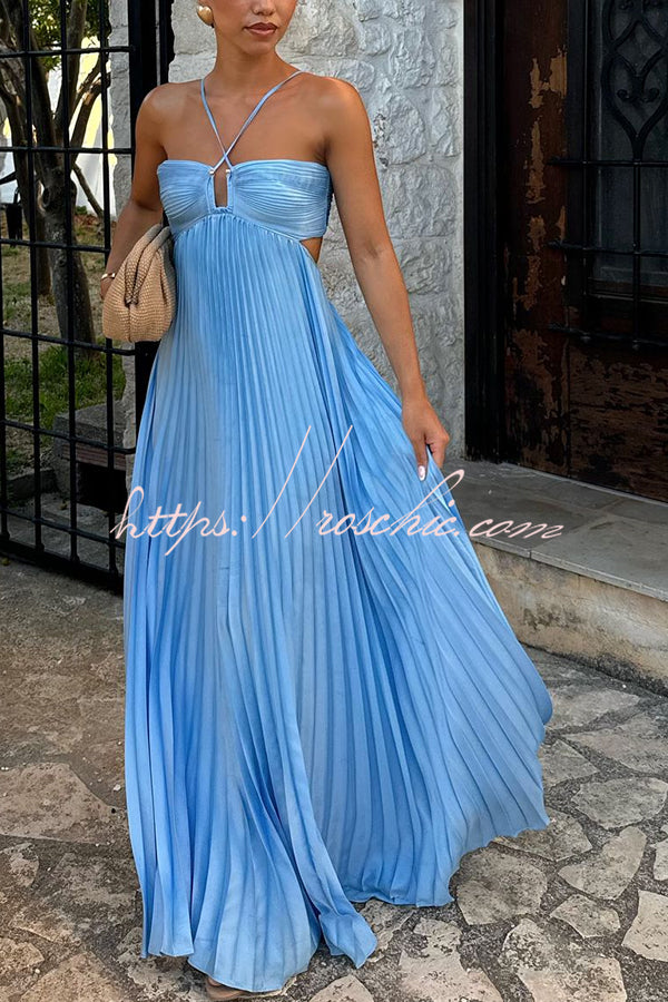 Caught Your Eye Satin Pleated Cross Straps Cutout Flowing Maxi Dress