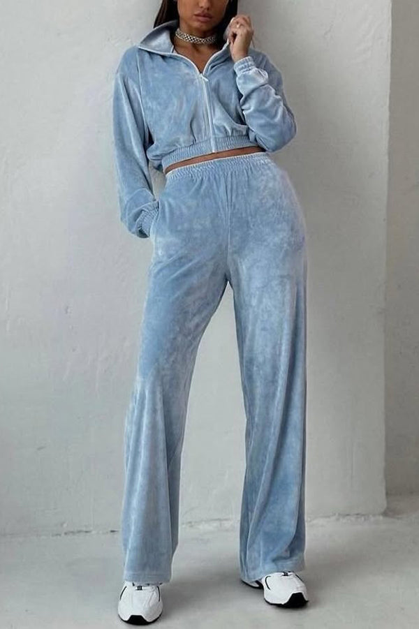 Solid Color Velvet Long-sleeved Zip-up Sweatshirt and Elastic Waist Casual Pocket Straight-leg Pants Set