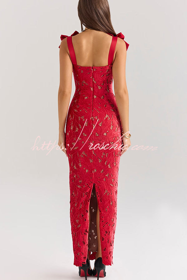 Holiday Intimacy Embroidered Floral Lace Bow Shoulder Straps Slit Maxi Dress