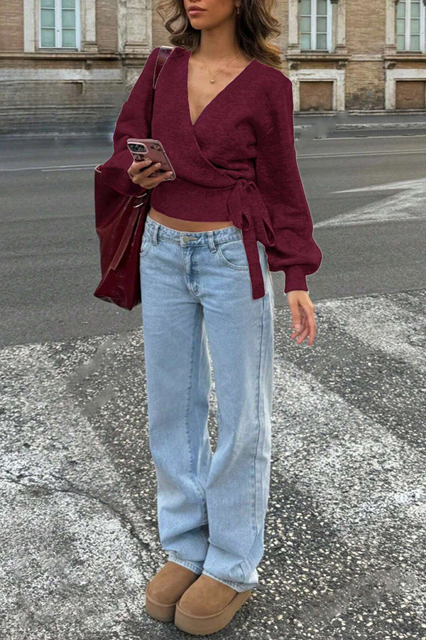 Solid Color Crossover V-neck Tie Elegant Long-sleeved Knit Top