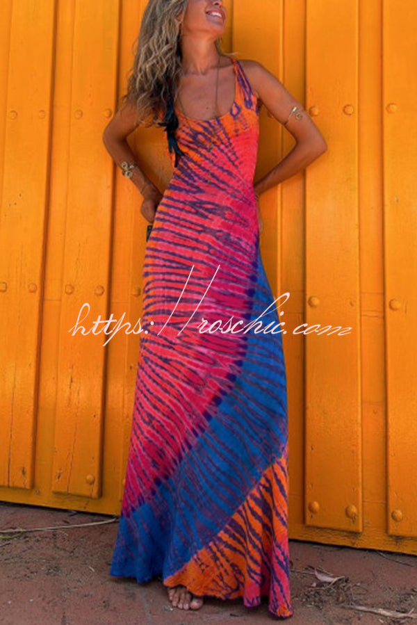 La Bamba Tie-dye Print Back Lace-up Stretch Maxi Dress