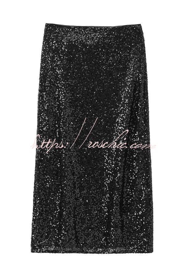 Crushing on You Sequin High Rise Wrap Tie-up Slit Midi Skirt