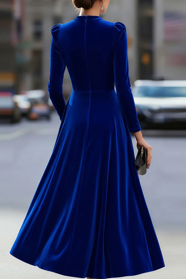 Solid Color Velvet Round Neck Long Sleeve Elegant Maxi Dress