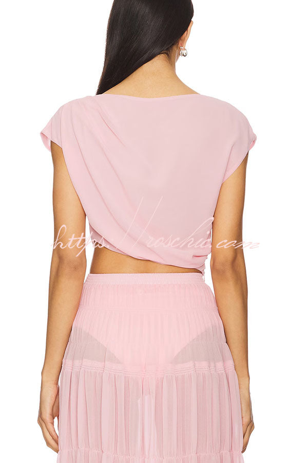 Stunning Chiffon Ruched Shoulder Short Sleeve Crop Top