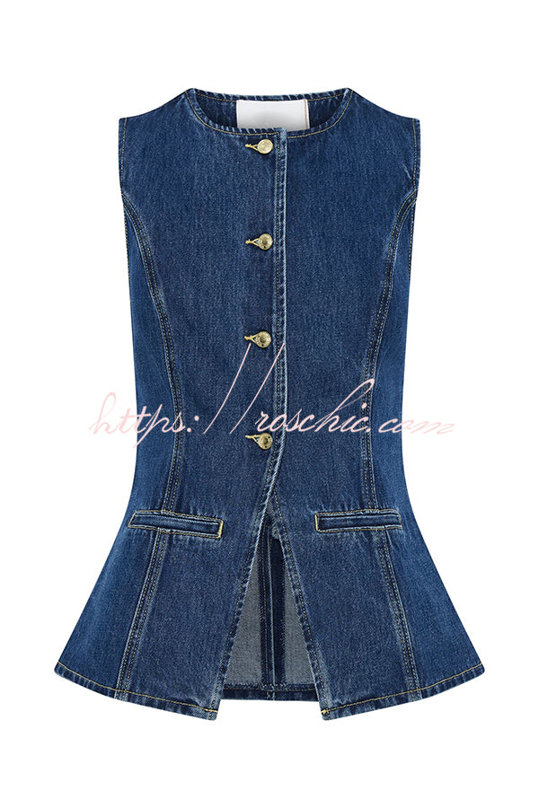 Abel Denim Button Up Princess Seams Pocket Vest Top