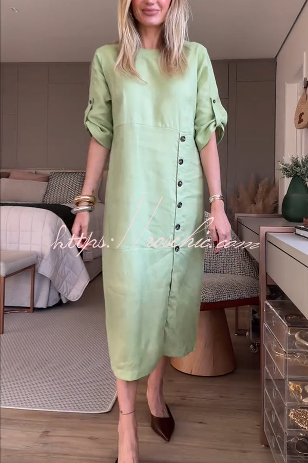 Ultra-comfortable Linen Blend Half Sleeve Front Button Detail Relaxed Pocket Midi Dress