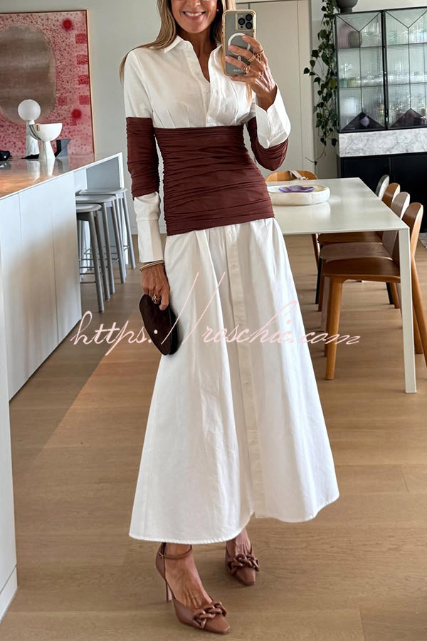 Fashionable Pleated Contrast Patchwork Waist Long Sleeve Button Shirt Maxi Dress