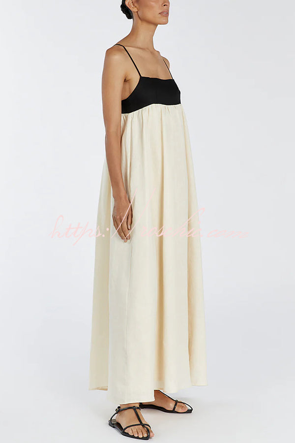 Linen Blend Sexy Sling Backless Contrast Maxi Dress