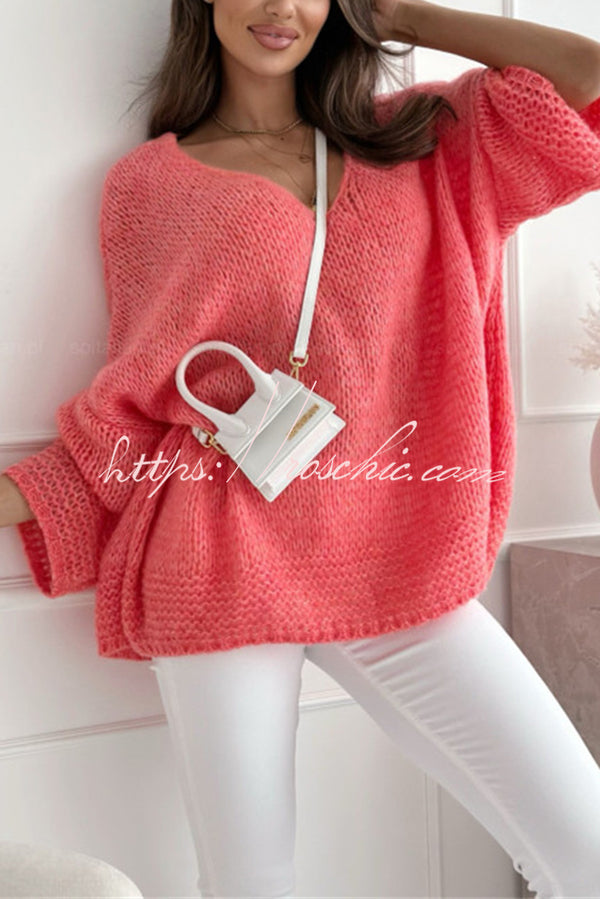 Solid Color Loose V-neck Casual Knitted Sweater
