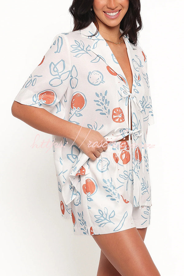 Graffiti Fruit Print Lapel Tie Short Sleeve Top and Elastic Waist Loose Pocket Shorts Set