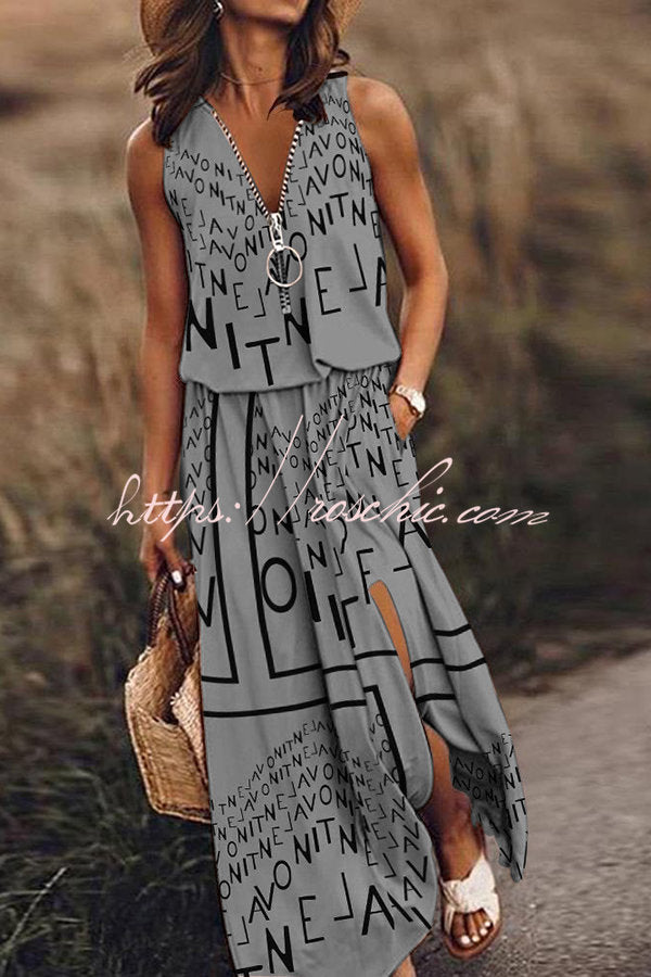 Fashion Modern Letter Print Zipper Neck Daily/Vacation Maxi Dress