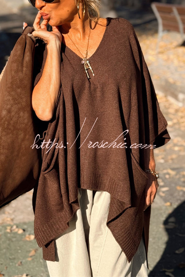 Fashion V-neck Loose Pocket Mid-length Knitted Sweater