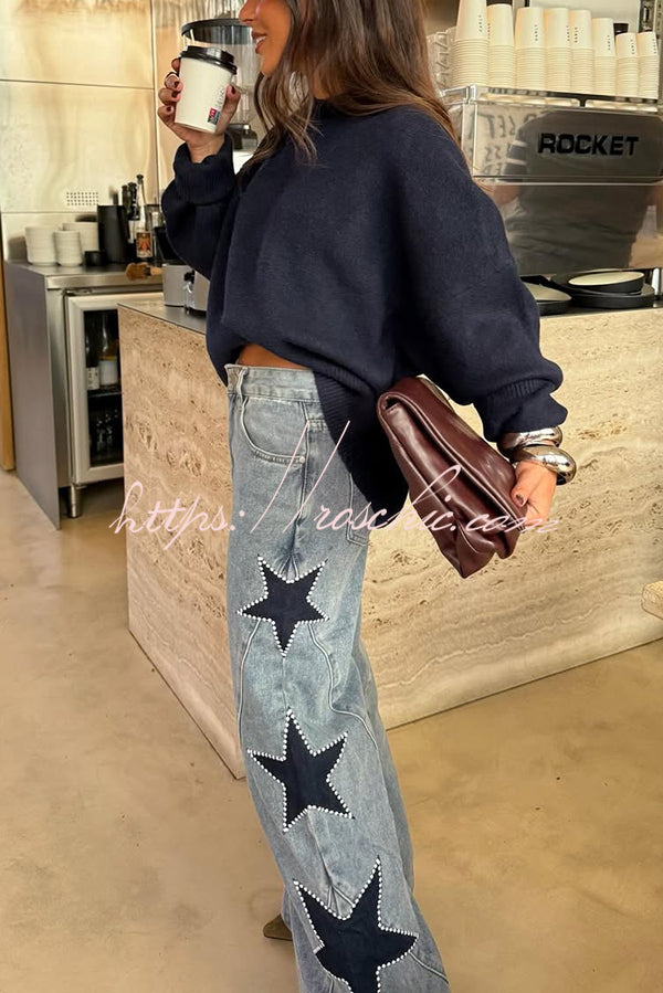 Jessy Denim Mid Rise Side Star Pattern Pocket Wide Leg Jeans (Shipped Within 24 Hours)
