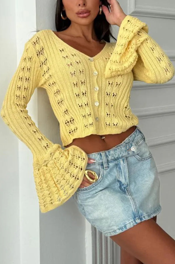 Fashion Hollow Button Long Sleeve V-neck Knitted Cardigan