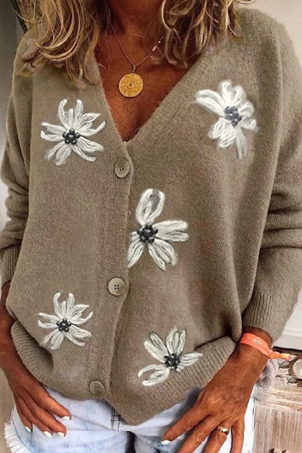 Floral Knit Single Breasted Long Sleeved Cardigan Coats