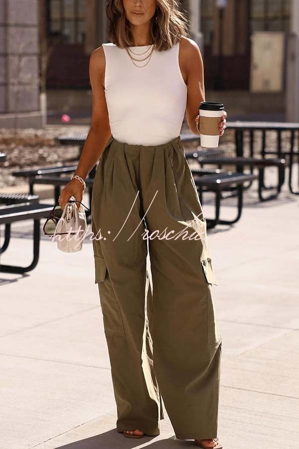 Great Week Pleated Elastic Waist Zipper Pocket Wide Leg Cargo Pants