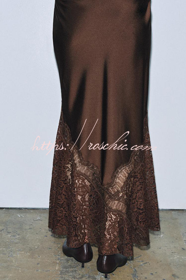 Cozy Sweet Darling Satin Lace Patchwork Mid Rise Slit Maxi Skirt