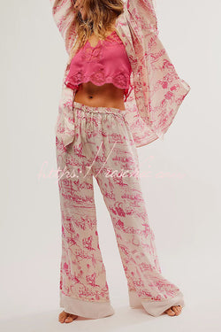 Unique Printed Lounge Long-sleeved Shirt and Elastic Waisted Baggy Pants Set