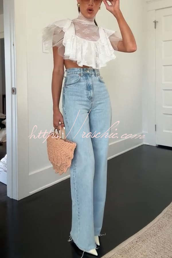 Kathlyn Lace Layered Tulle High Neck Ruffle Cropped Top