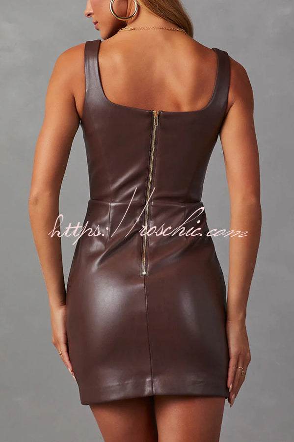 Calibri Faux Leather Square Neck Back Zipper Stretch Mini Dress