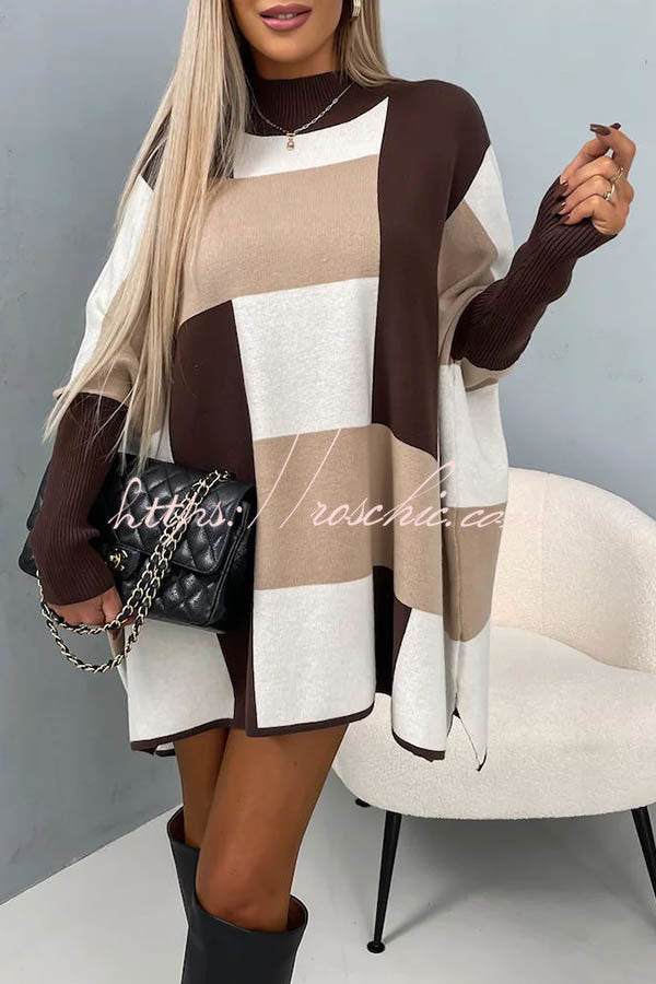 Hughes Color Block Plaid Mock Neck Cape Loose Sweater