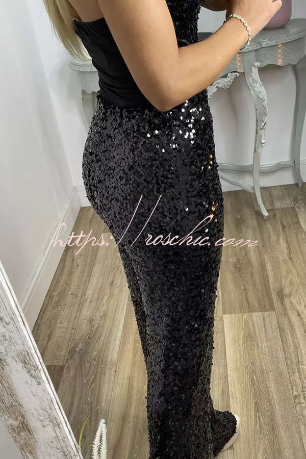 Glitzy Glamour Sequin High Rise Elastic Waist Wide Leg Pants