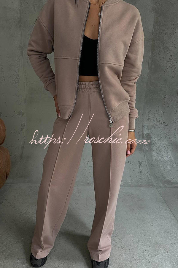 Solid Color Casual Long Sleeve Zipper Jacket and Elastic Waist Pocket Wide Leg Pants Set