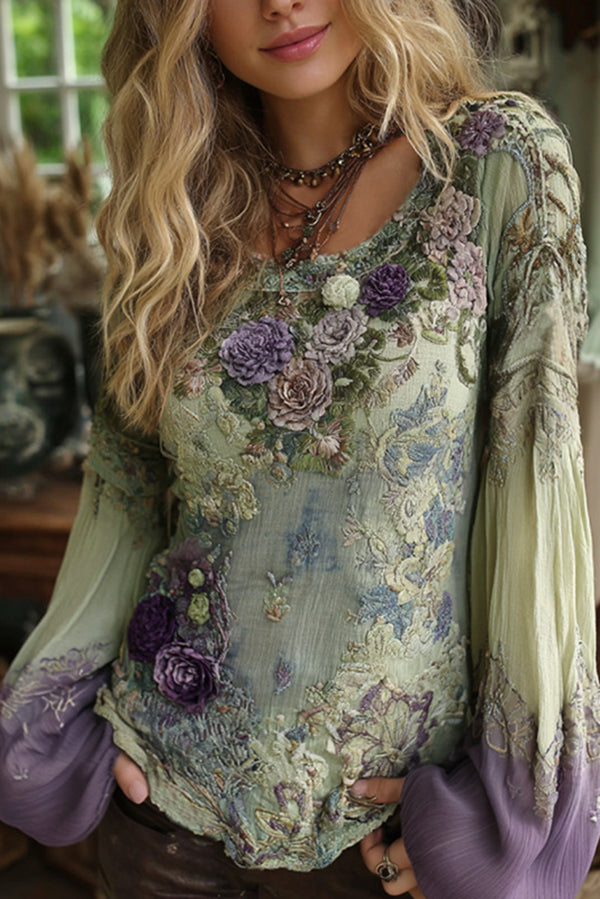 Bohemian Floral Print Round Neck Long-sleeved Loose Top
