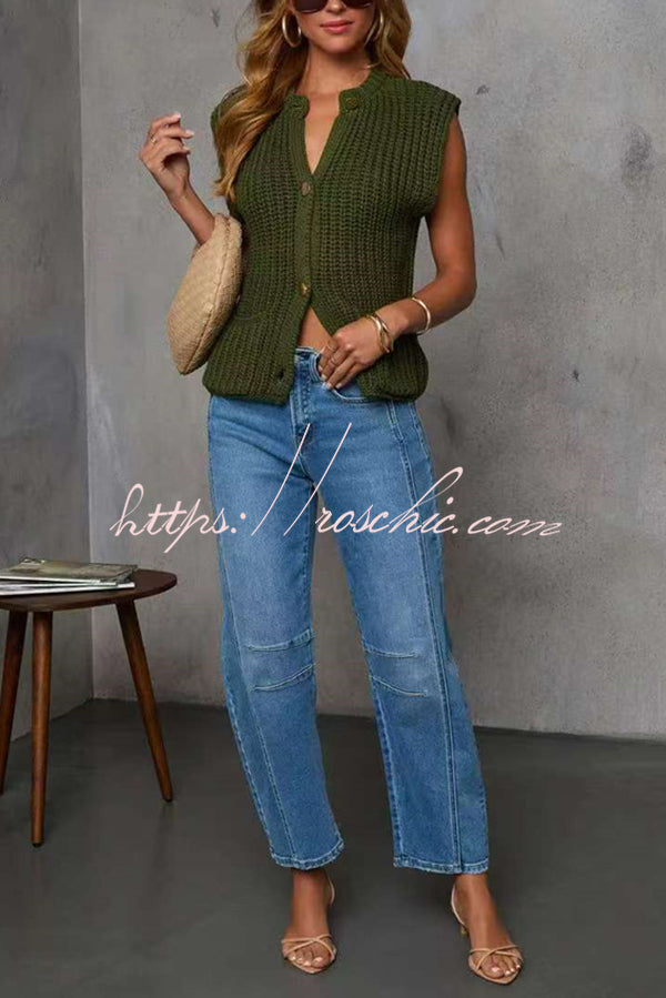 Solid Color Sleeveless Button Pocket Knit Vest