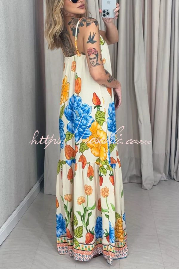 Floral Print Halter Back Loose Pocket Full Hem Maxi Dress