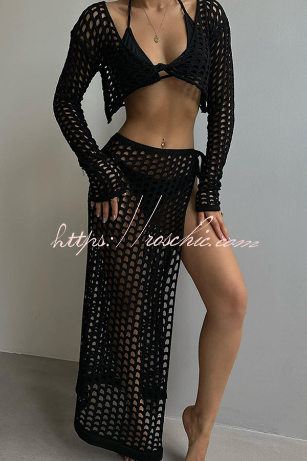 Solid Color Sexy Hollow Long Sleeve Top and Lace-up Slit Knitted Cover-up Maxi Skirt Set