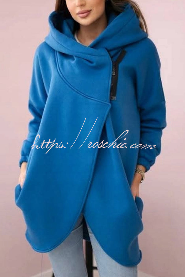 Solid Color Loose Hooded Zip-up Casual Sports Jacket