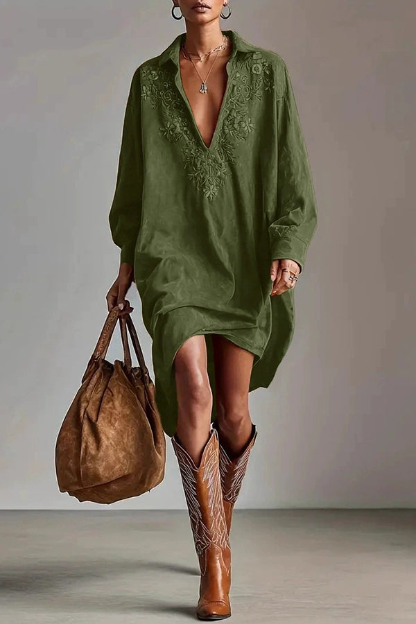 Fashionable Embroidered Loose Suede Long-sleeved Casual Mini Dress
